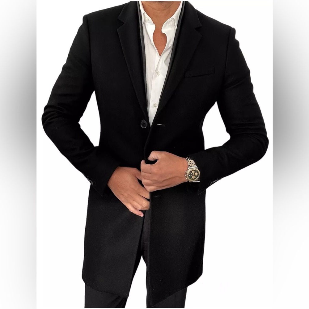 The Kooples Overcoat Black In Wool with Leather Accent - Size 46 (medium)